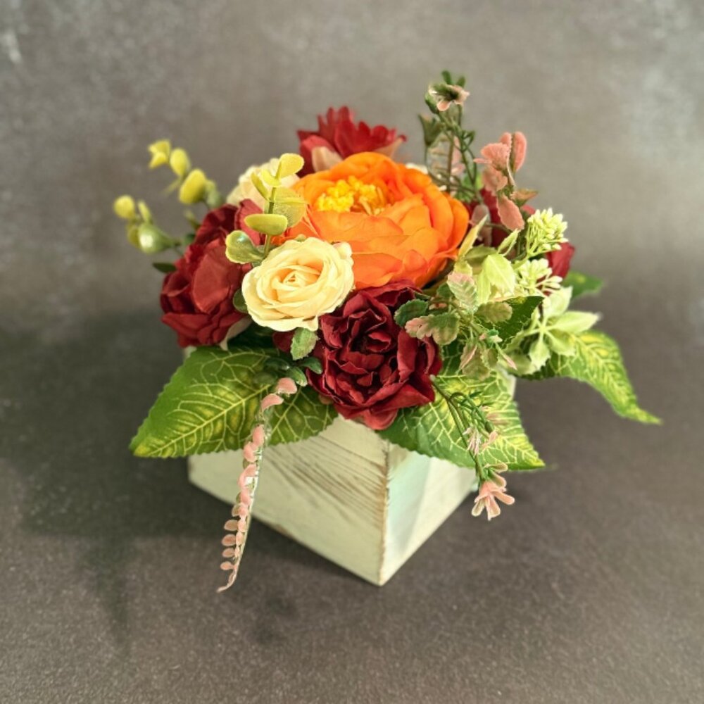 Fall Faux Floral Arrangement in Rustic Wooden Box – Home or Office Decor